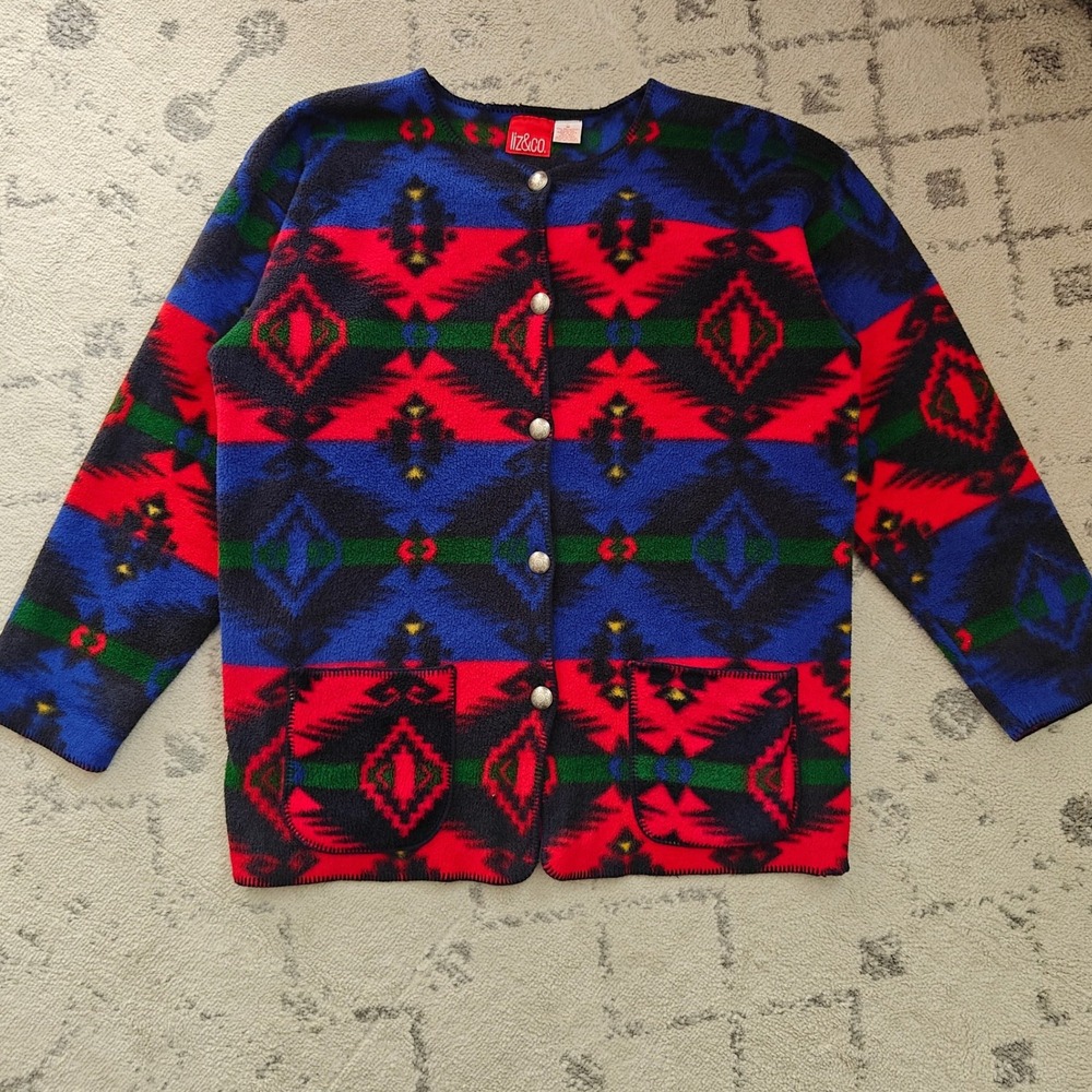 Liz & Co Blanket Cardigan Aztec Western‎ Cozy Women's Medium Vintage Red Blue